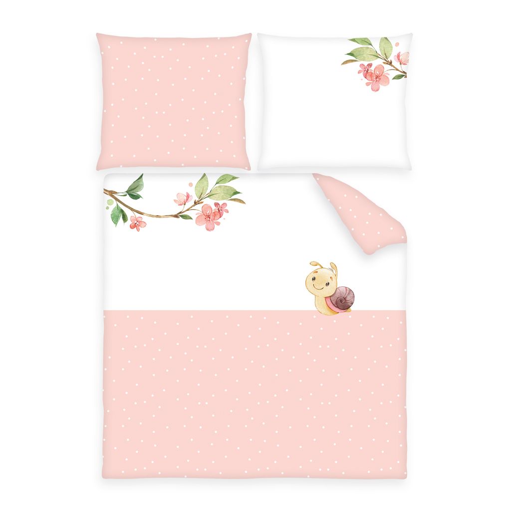 Babybettwäsche 80x80 & 35x40 – Rosa Wende-Bettwäsche für Wiege & Kinderwagen – Motiv Schnecke – 100% Baumwolle –