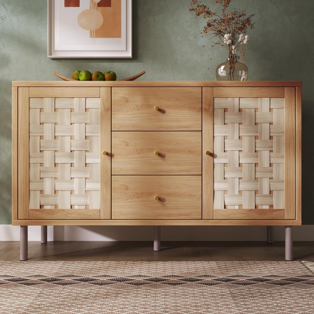 Kommode mit 2 Türen & 3 Schubladen, 120x75x40 cm, Landhaus Sideboard in Eiche-Optik mit Metallbeinen, Höhenverstellbare Einlegeböden, Flurschran...