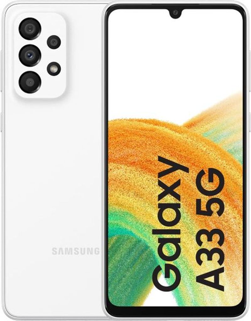 A white Samsung Galaxy A33 5G smartphone is shown from the front and back.