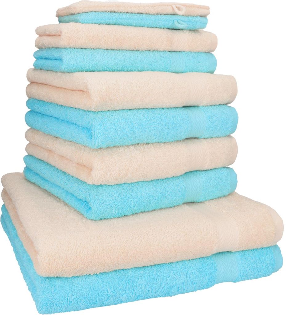 Betz 10-tlg. Handtuch-Set PREMIUM 2 Duschtücher 4 Handtücher 2 Gästetücher 2 Waschhandschuhe Farbe: beige & türkis