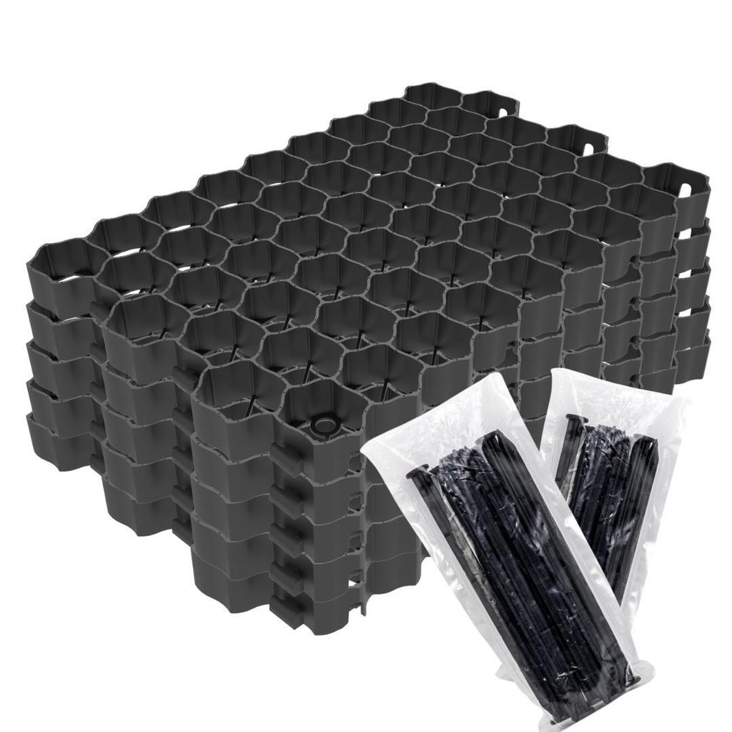 FORTENA 5x Paddockplatte Rasengitter 60x40x4 zur Parkplatzgitter +2x Bodenanker Schwarz