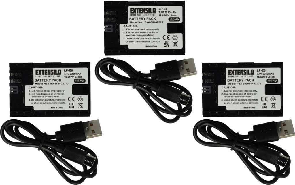 EXTENSILO 3x Akku kompatibel mit Blackmagic Micro Studio Camera 4K, Pocket Cinema 4K, Video Assist 4K Kamera (2250 mAh, 7,4 V, Li-Ion), USB-C Buchse