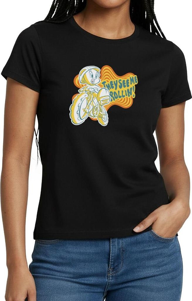 Spreadshirt Looney Tunes They See Me Rollin' Tweety Fahrrad Frauen T-Shirt, XXL, Schwarz