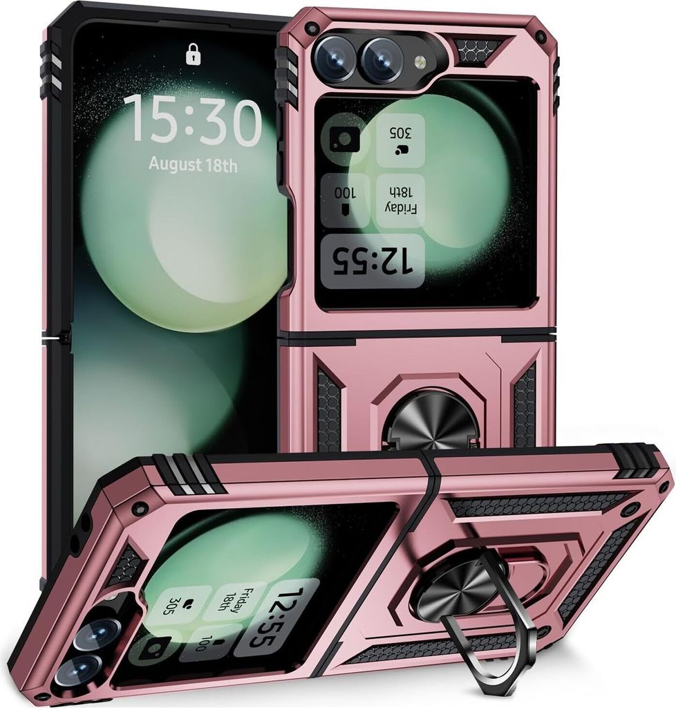 Schutzhülle für Samsung Galaxy Z Flip 6 / Z Flip 7 FE Dual Layer Robust Militäre Fallschutz Hülle mit Ringhalterung Ständer Roségold