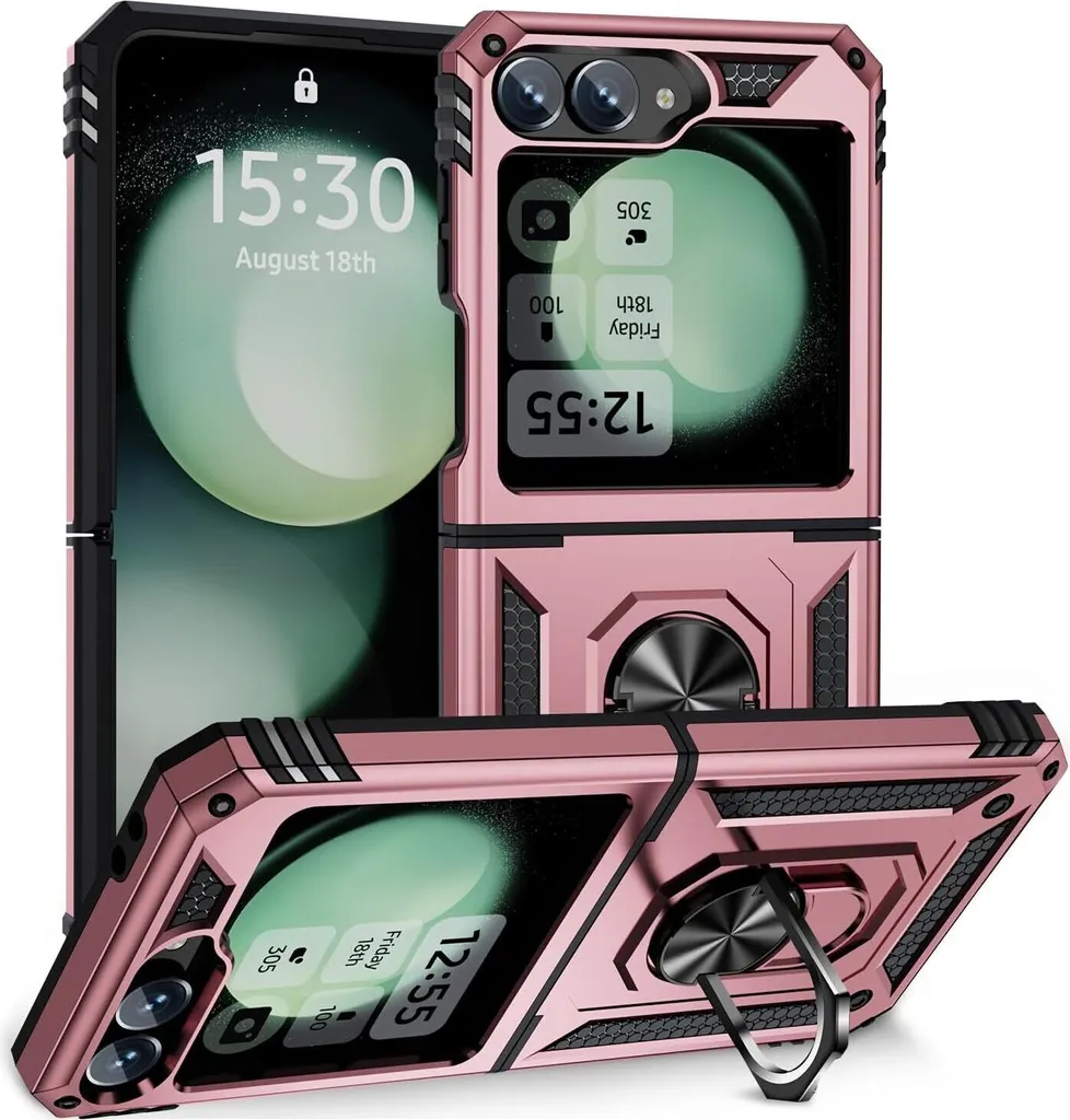 Custodia per Samsung Galaxy Z Flip 6 / Z Flip 7 FE a doppio strato, robusta e con protezione militare, con supporto ad anello e supporto Oro rosa