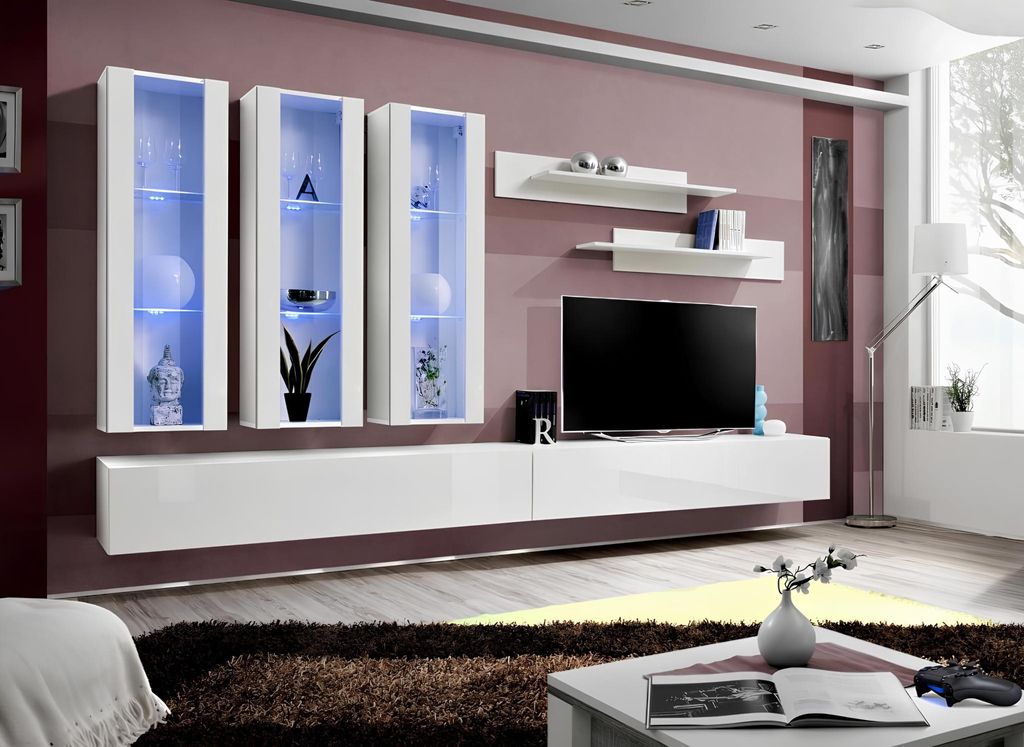 Weiß Wohnwand Designer Hänge Vitrine TV Ständer Sideboard Holz Modern