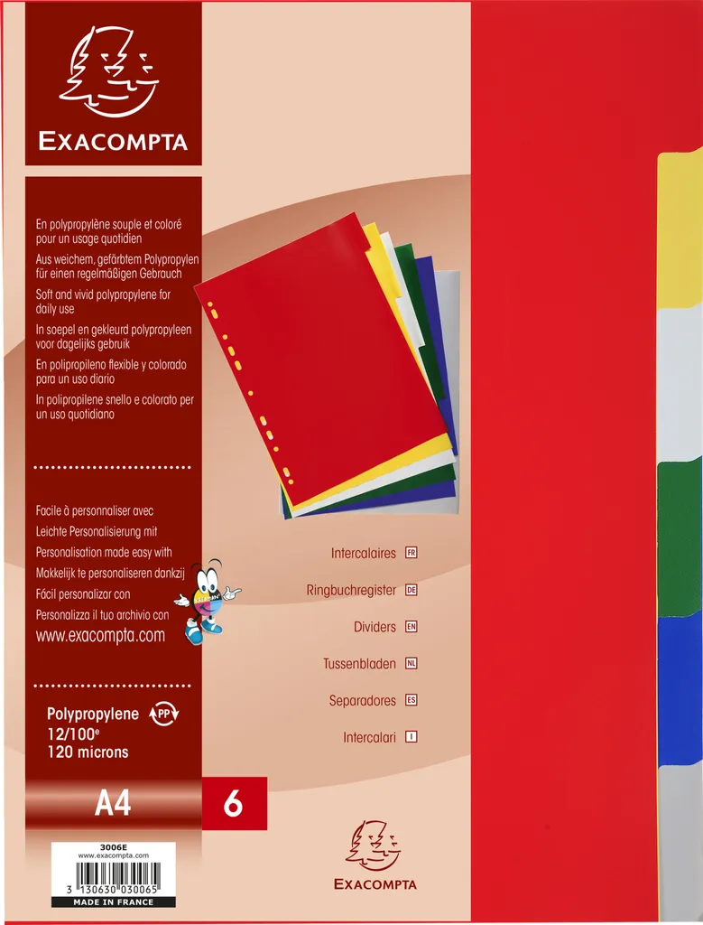 Intercalaires Exacompta Couleurs Assorties A4 6 Positions 3006E 100x