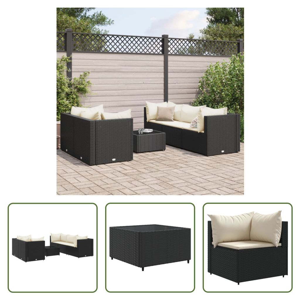 The Living Store 6-tlg. Garten-Lounge-Set mit Kissen Schwarz Poly Rattan