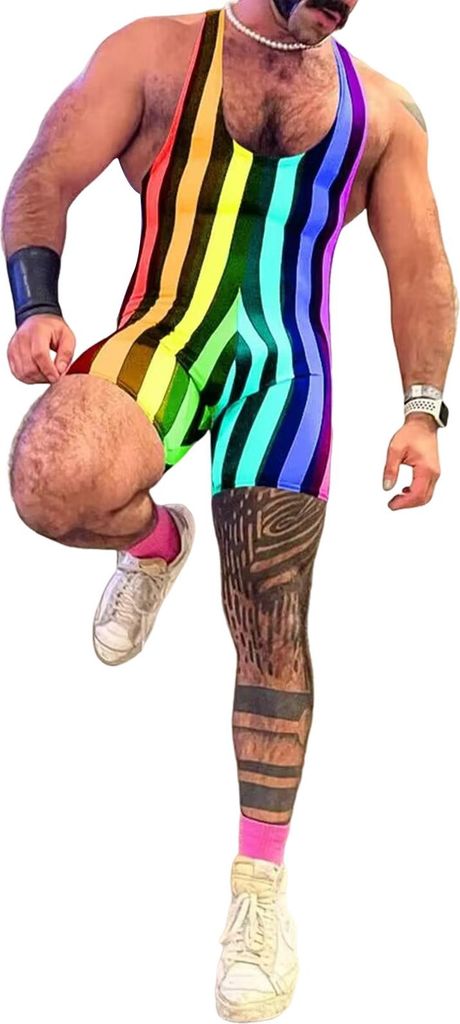 Herren Fitness Bodysuit Ärmellos Tiefer U-Ausschnitt Gestreifter Jumpsuit Gym Athletic Supporters Boxer Wrestling Singlets Trikot Tank Top Unterhe...