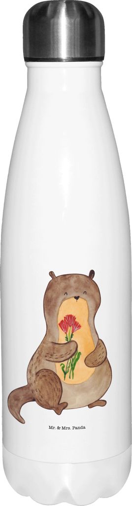 Mr. & Mrs. Panda edelstahl wasserflasche Otter Blumenstrauß - Weiß - Geschenk, Thermos, Süß, Sportflasche, Trinkflasche, trinkflaschen, Niedlic...