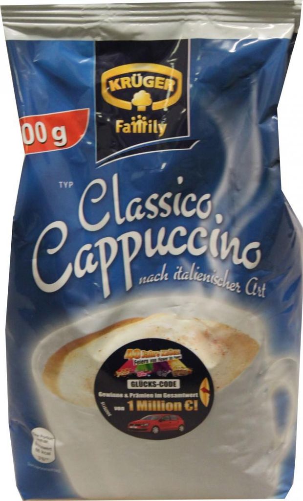 A bag of Krüger Family Cappuccino Classico coffee.