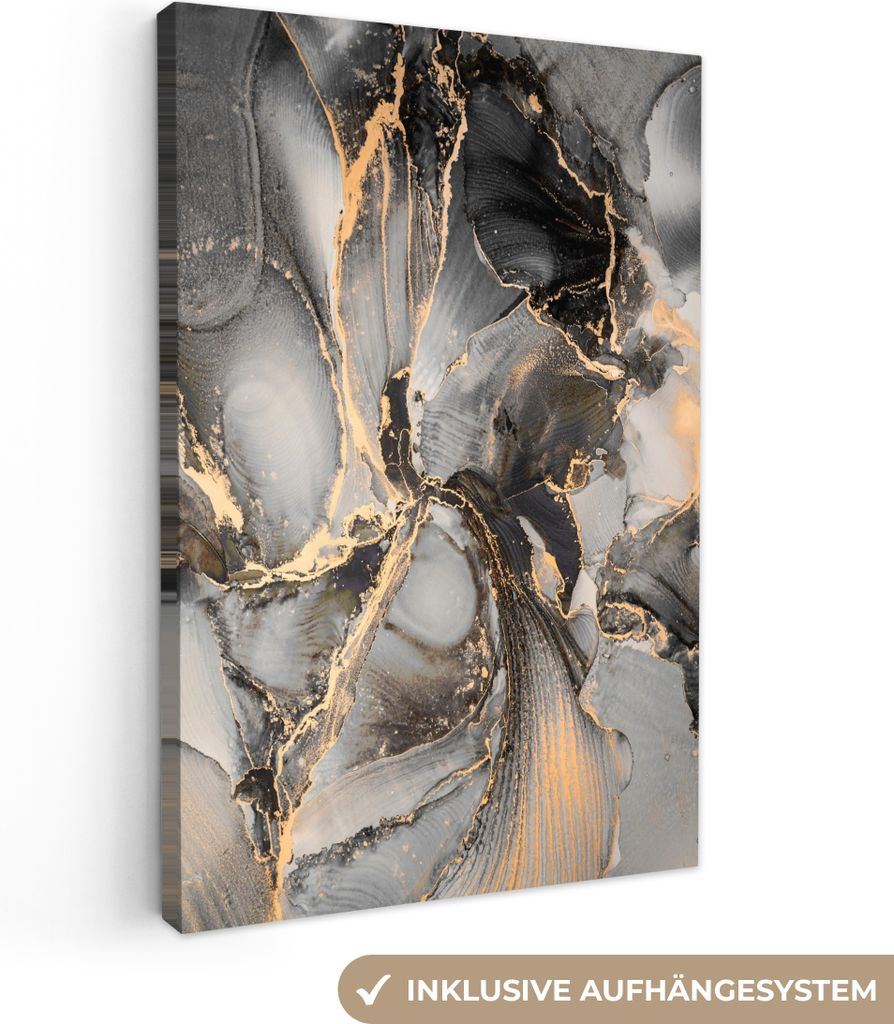 MuchoWow - Leinwandbilder - Grau - Luxus - Gold - Marmor, Wandbild, Wanddeko Bilder Wohnzimmer, 40x60 cm
