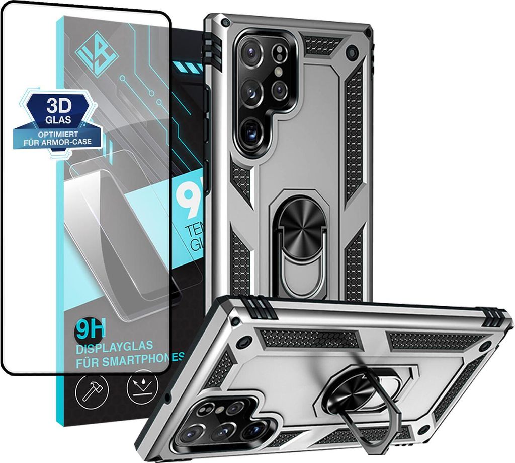 Armor Outdoor Handyhülle für Samsung Galaxy S22 Ultra Handy Panzer Case Schutzhülle mit 9H Displayglas Displayschutz Farbe: Silber