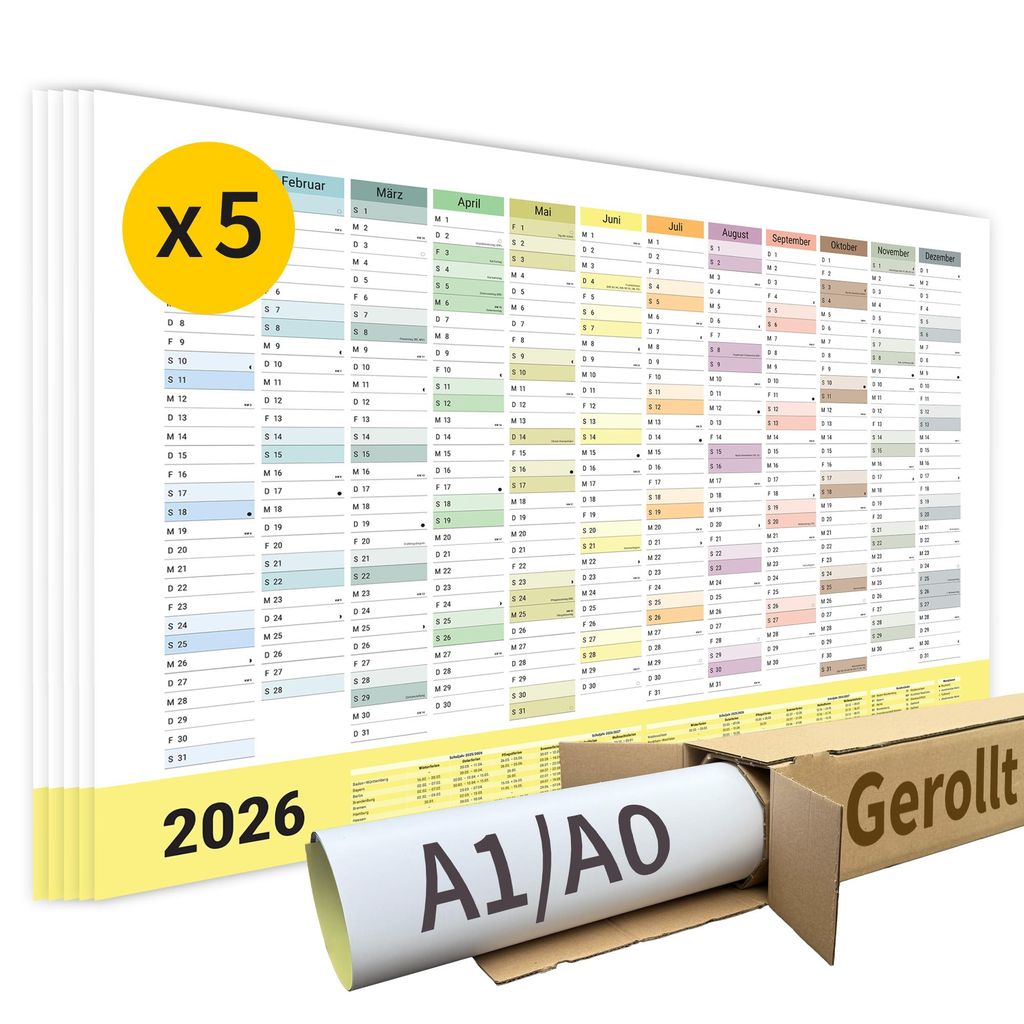 XL Jahreskalender Wandkalender 2026 | DIN A1 | 5 Stück | Produktbild 