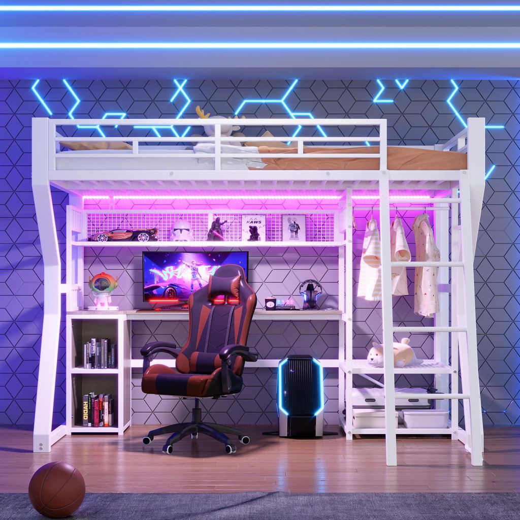 Flieks Etagenbett Metallbett 90x200cm mit Schreibtisch und Ladestation, Kinderbett Jugendbett mit Led und Kleiderstange, Hochbett mit Leiter, Weiß