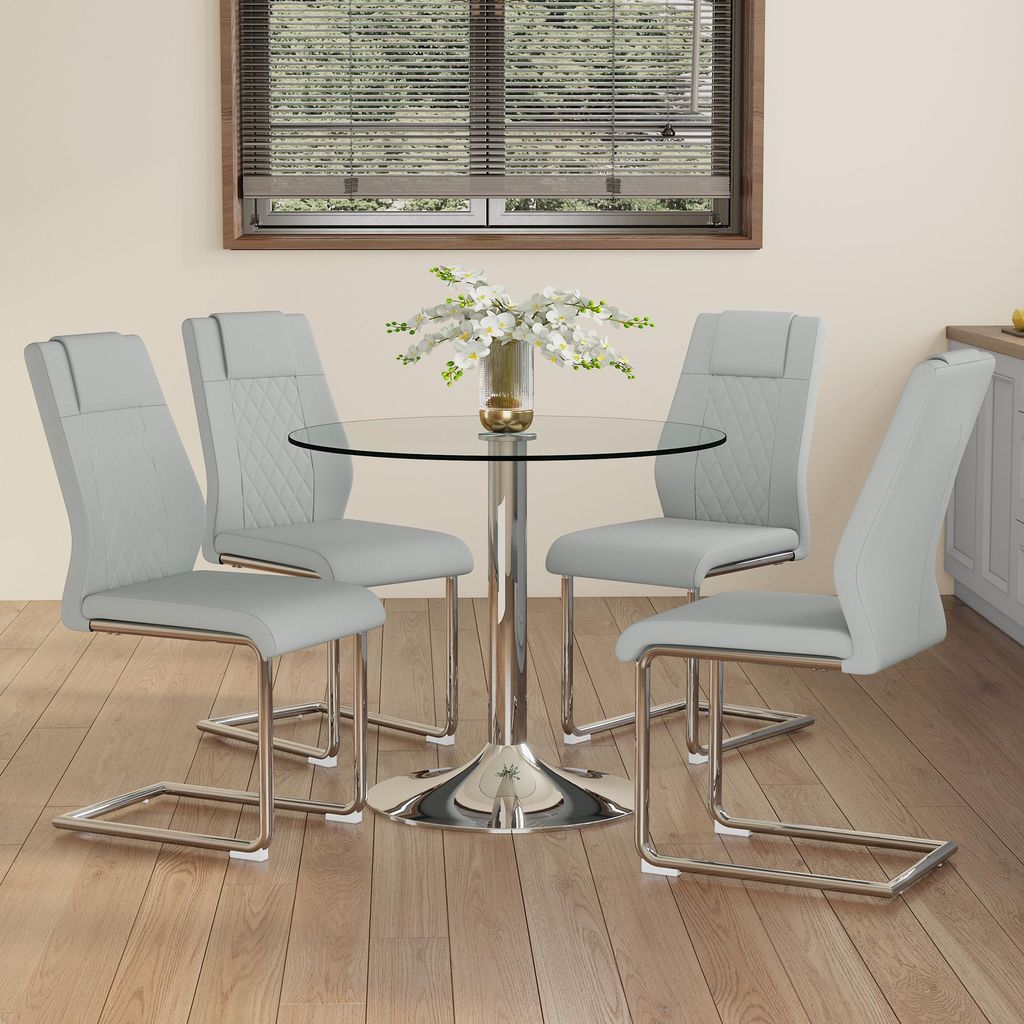 Modernes Esstisch-Set Rund Ø 85cm - Glastisch aus Sicherheitsglas mit 4 Kunstleder Stühlen - Platzsparende Essgruppe für Küche & Wohnzimmer