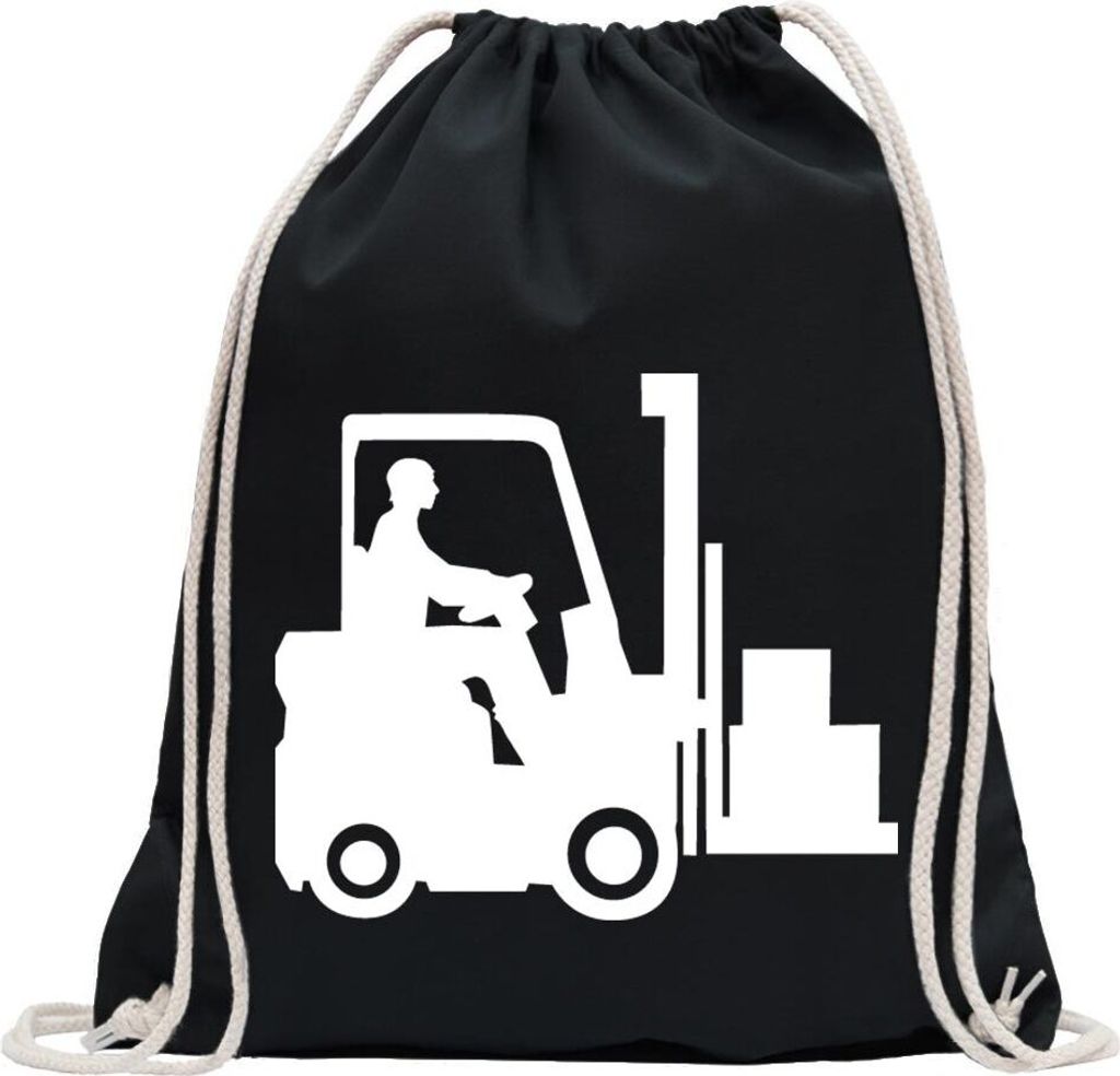 Kiwistar - Turnbeutel - schwarz - Hubstapler Gabelstapler - Fun Rucksack Sport Beutel Gymsack Baumwolle mit Ziehgurt