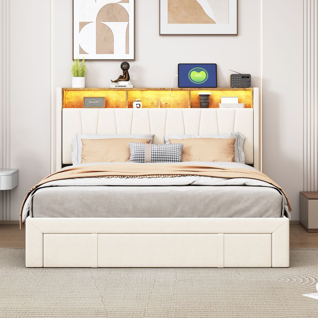 160x200 cm großes Bett mit Stauraum, USB- und Typ-C-Anschlüssen, gepolstertem Bett mit Lattenrost und 4 Schubladen, Doppelbett