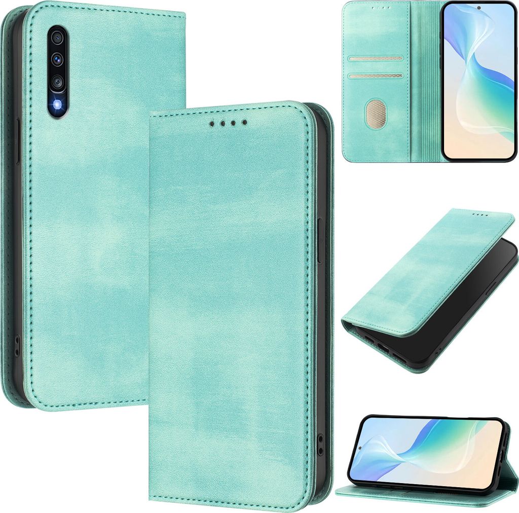 Handyhülle für Samsung Galaxy A70 / A70S, Vintage Leder RFID Schutz Kartenfach Standfunktion Magnetische Klapphülle Türkis