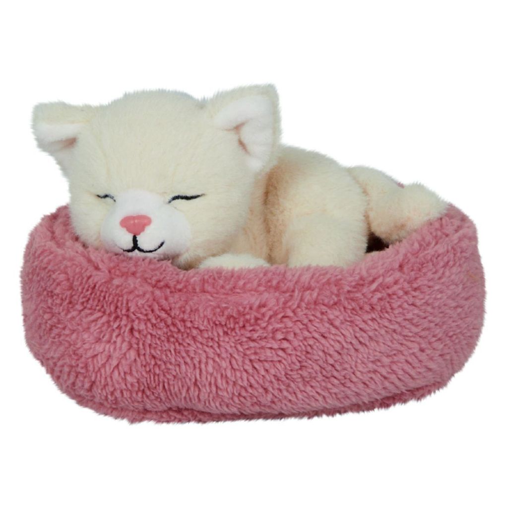 A sleeping plush kitten in a pink basket.