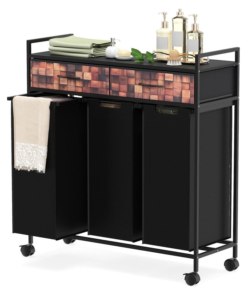 COSTWAY Wäschekorb, 135L rollbarer Wäschesammler mit 2 Stoffschubladen, 3 Wäschesäcke, Wäscheregal mit Ablage, Wäschesortierer mit Rollen