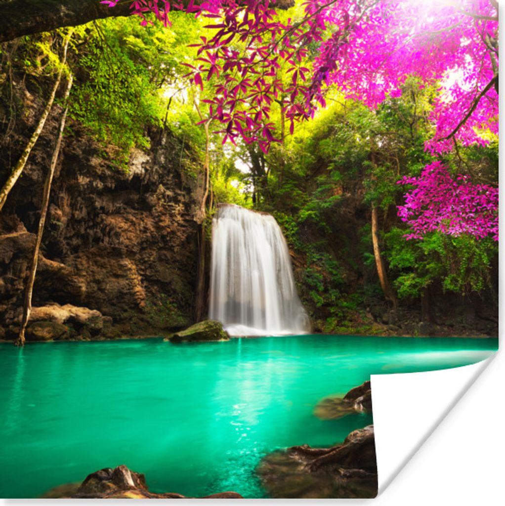 MuchoWow Poster Ein Wasserfall im Herbstwald am Erawan-Wasserfall 100x100 cm - Babyzimmer