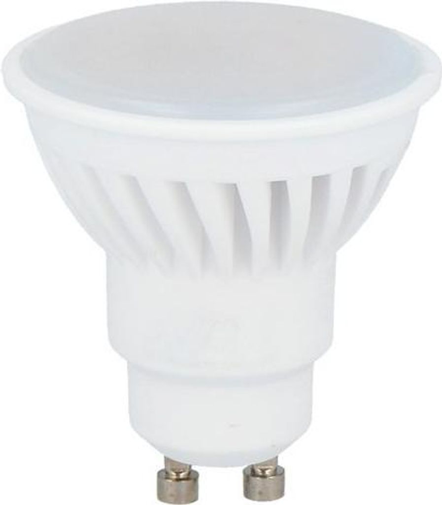 A white LED light bulb with a GU10 base.
