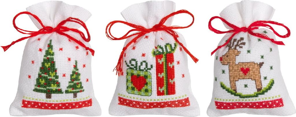 Vervaco Kräutertütchen Kreuzstich Set "Weihnachtsmotive" 3er Set, Zählmuster, 8x12cm