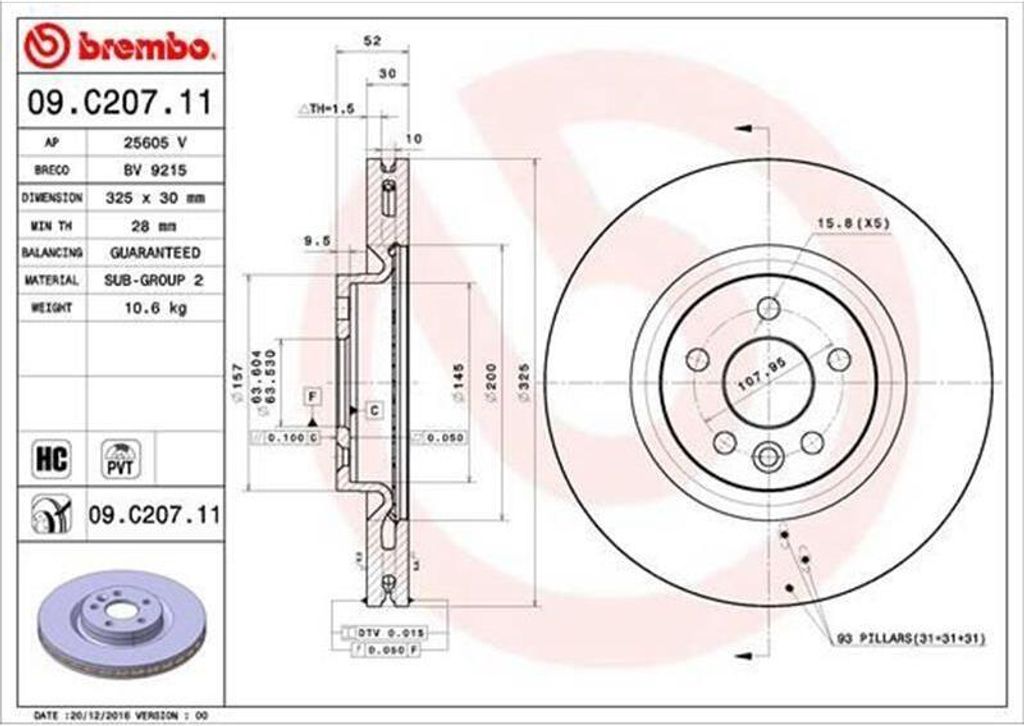 Brembo Bremsscheibe 325 mm Durchmesser 30 mm Dicke innenbelüftet beschichtet hochgekohlt