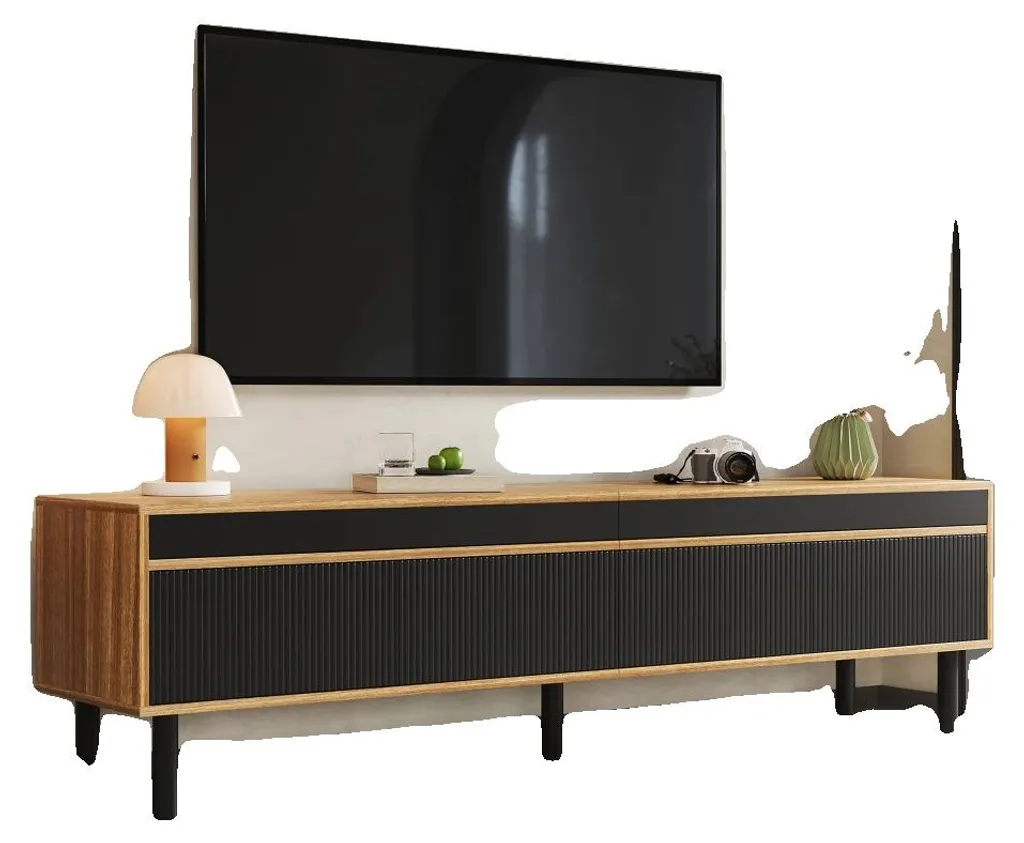 Meuble TV 4 portes avec pieds en bois massif scandinave L160 cm - Chêne