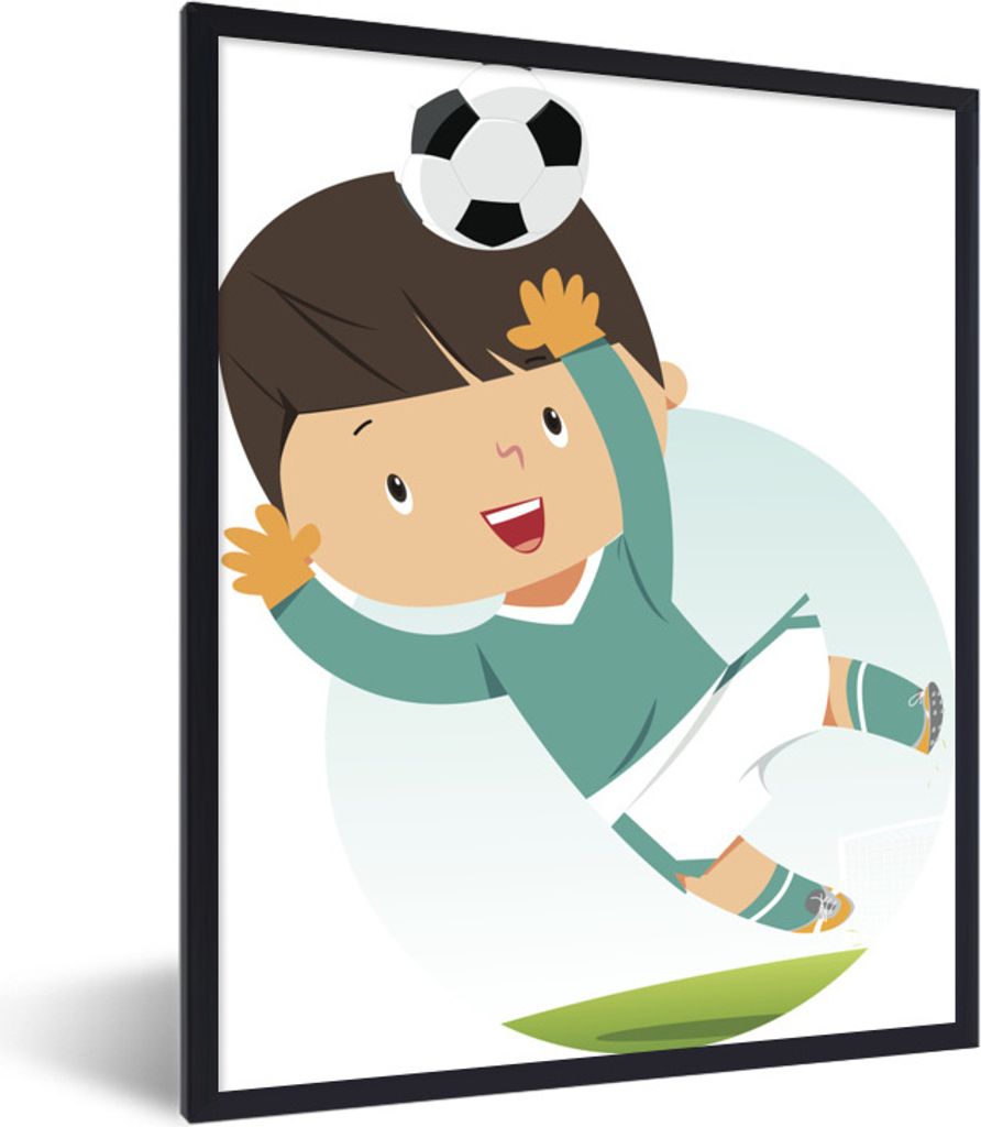 MuchoWow Gerahmtes Poster Illustration eines Fußball spielenden Kindes - Kinder - Baby - Jungen - Mädchen 30x40 cm - Poster mit Schwarzem Bilde...