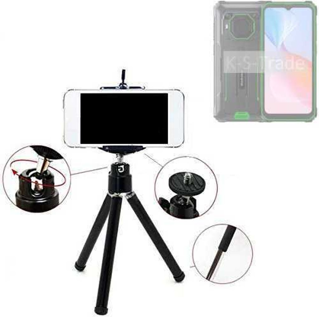 K-S-Trade Smartphone Stativ Dreibein kompatibel mit Blackview BV6200 Pro Tripod aus Aluminium Klemmstativ Stativ Adapter für Mobiltelefone schwarz