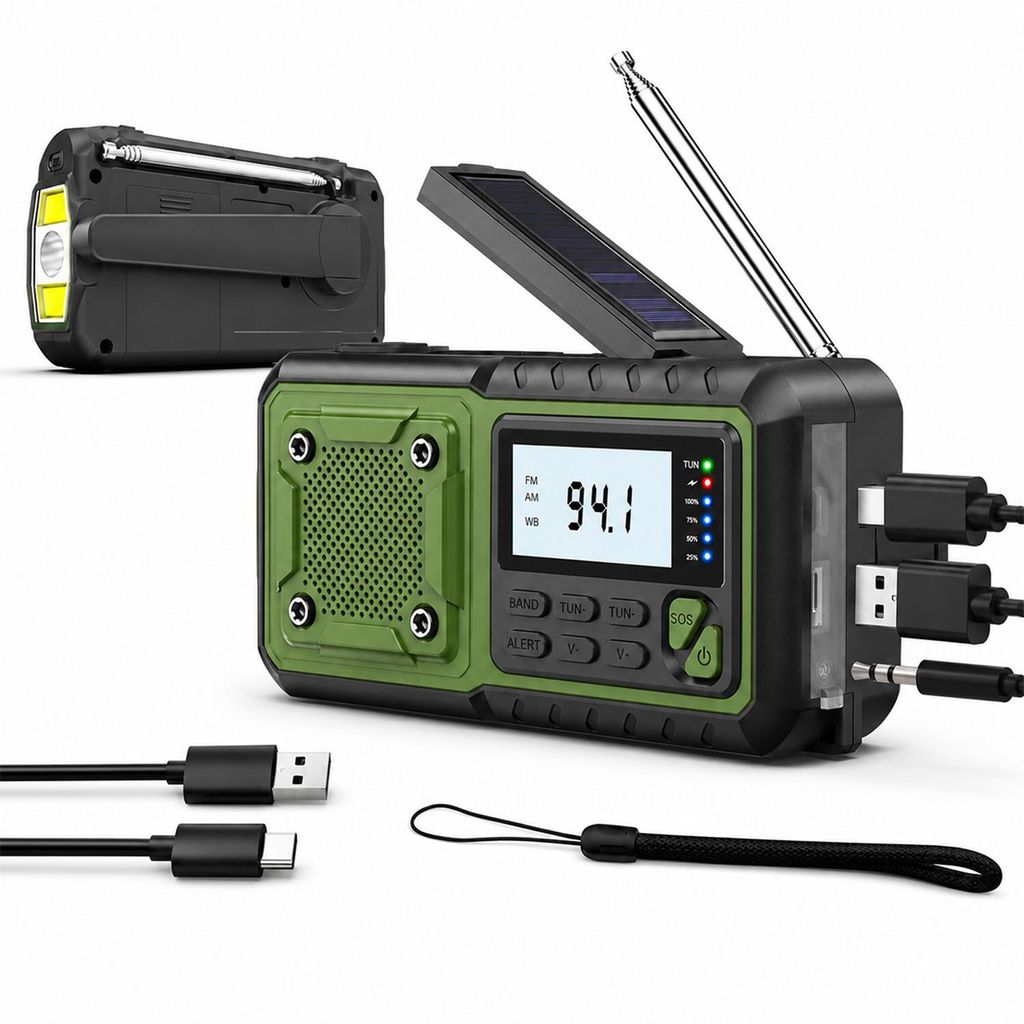 Notfallradio Kurbelradio Solar 5000mAh Powerbank, AM/FM/NOAA Wetterradio, SOS Alarm, LED Taschenlampe, USB-C, für Camping & Notfallset
