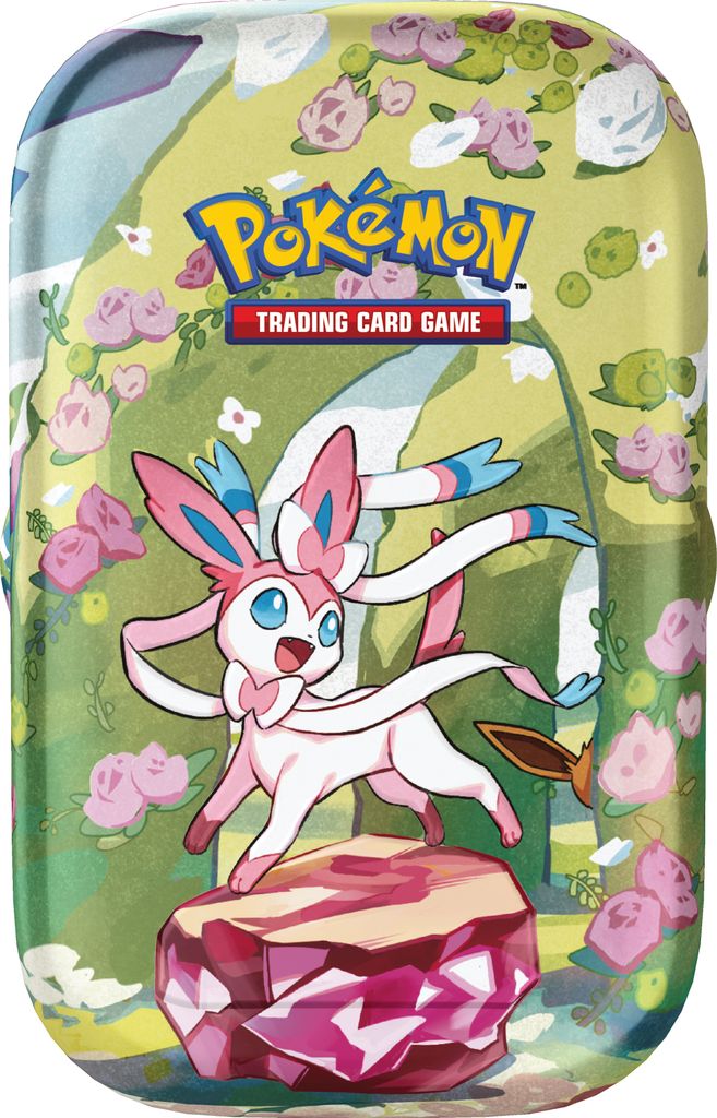 A Pokemon trading card game mini tin featuring Sylveon, with a floral background.