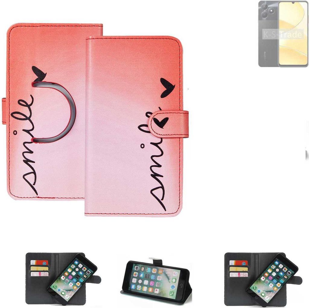 K-S-Trade Schutzhülle Handyhülle kompatibel mit Realme C51s Hülle cover bookstyle Etui ''smile'' rot Standfunktion Kameraschutz (1Stk)