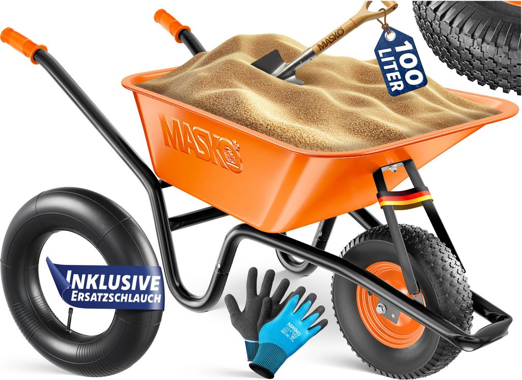 MASKO Schubkarre Bauschubkarre mit Luftreifen 100 L Volumen bis 250kg belastbar