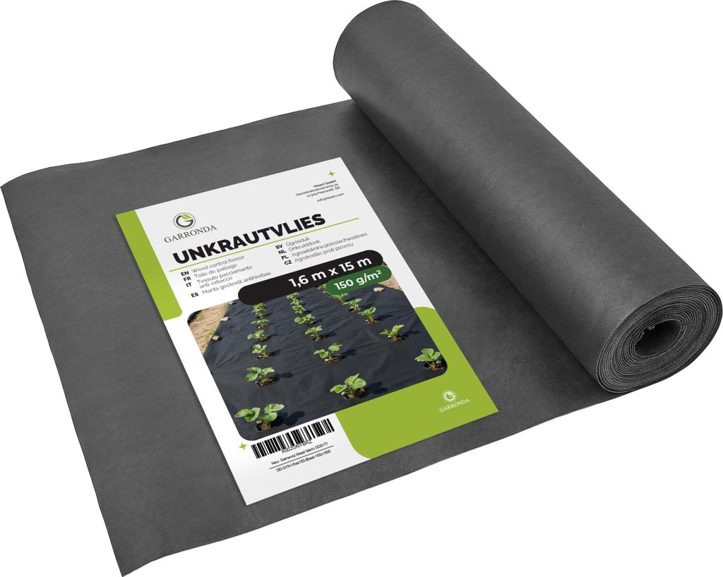 Garronda Unkrautvlies 150 g/m² Schwarz1,6 m x 15 m wasserdurchlässig UV-beständig Bodenabdeckung für Wege und Steinflächen GD-0177