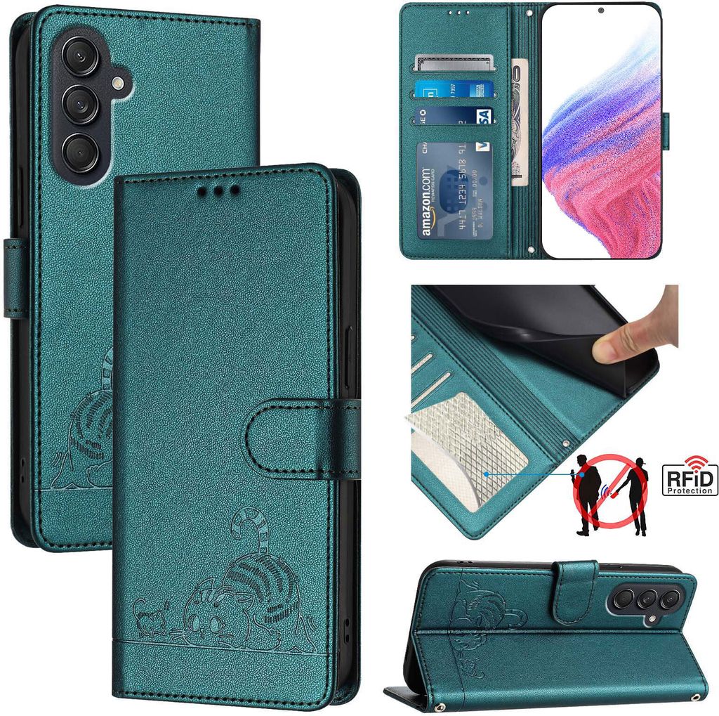 Leder Hülle für Samsung Galaxy M55 Süße Katze Flip Case Brieftasche Schutzhülle mit Standfunktion Grün