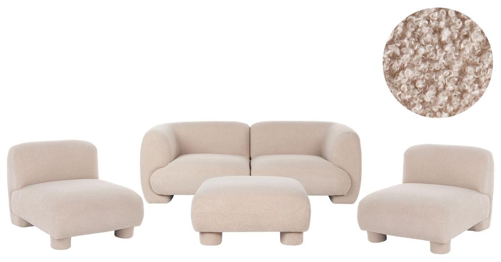 BELIANI Sofa Set Beige Bouclé Teddy-Optik Modular Niedrige Sitzhöhe Freistellbar Moderne Sitzgruppe 2-Sitzer Sofa mit 2 Sesseln und Ottomane