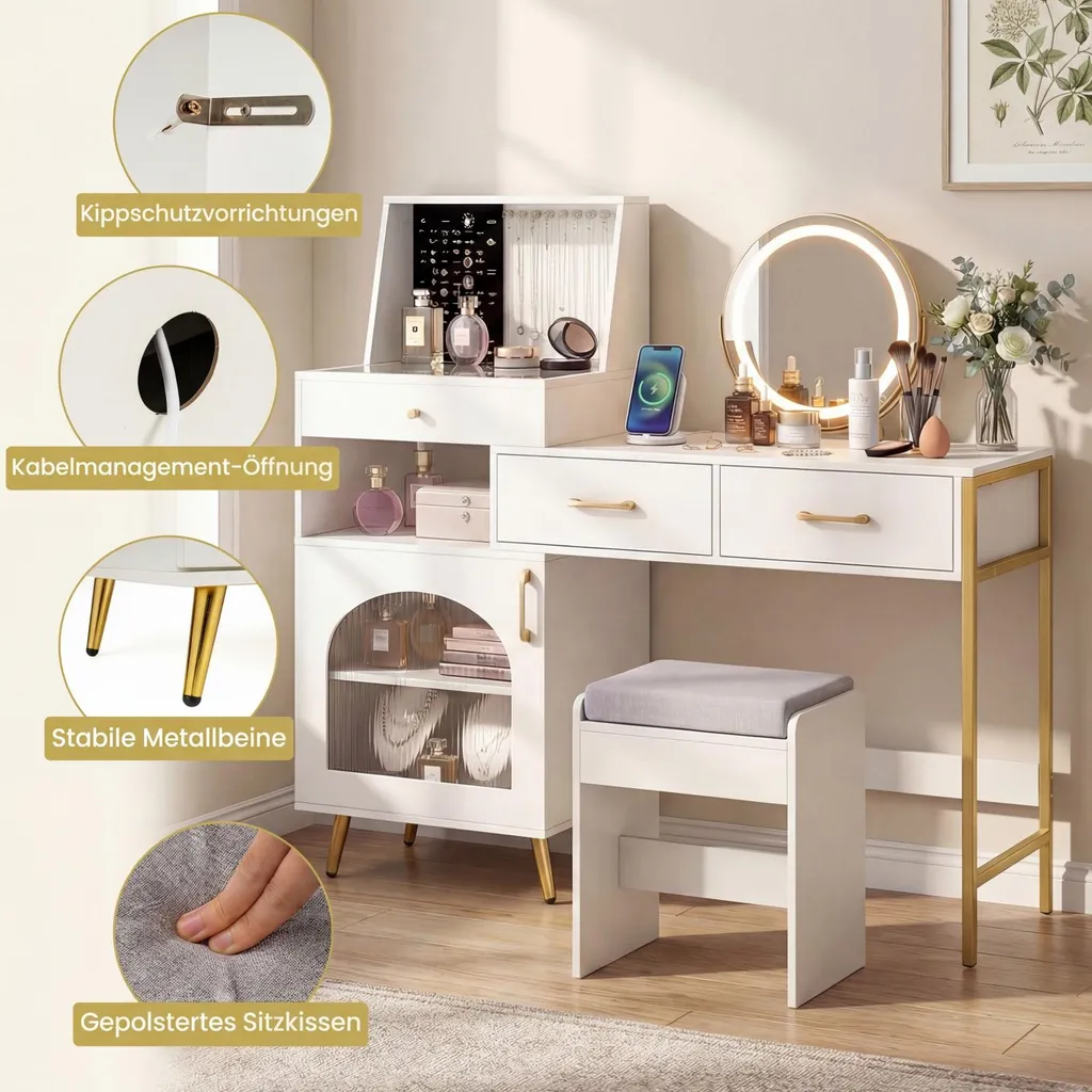 Coiffeuse avec Tabouret COSTWAY Miroir LED et Prises de Courant Intégrées - 8
