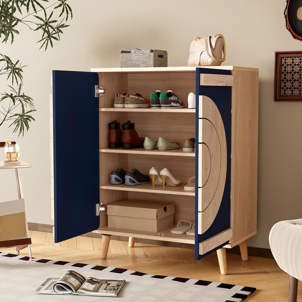 MODFU Schuhschrank mit Runde, geometrische Schranktüren,Schuhregal mehrstufigem Stauraum,stabilen Holzbeinen,Blau+Natur