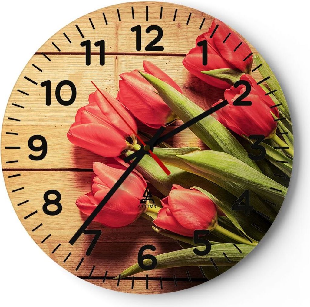 Wanduhr - Rund - Glasuhr - Tulpen Blumenstrauß Sommer Garten - 40x40cm - Schleichendes Uhrwerk - Lautlos - zum Aufhängen bereit - Dekoration Mode...