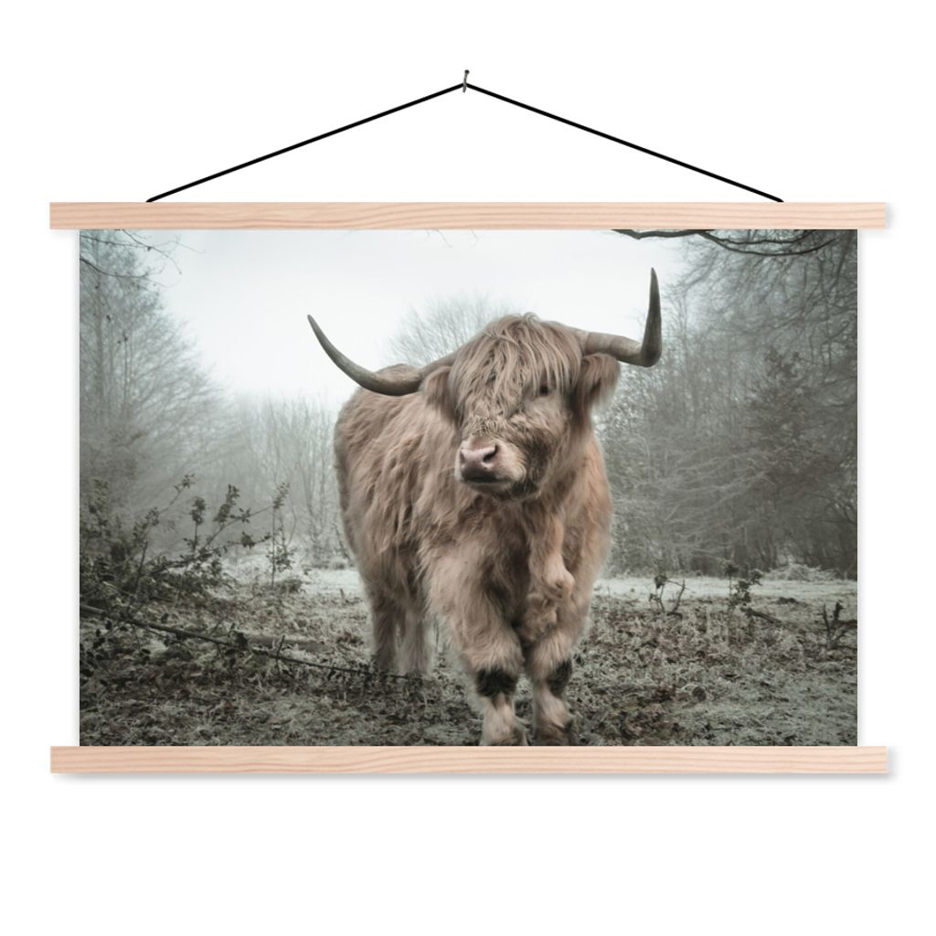 MuchoWow Textilposter Schottische Highlander - Natur - Herbst - Tiere - Wildtiere - Wald 60x40 cm mit holzfarbenen Rahmen - Bilder