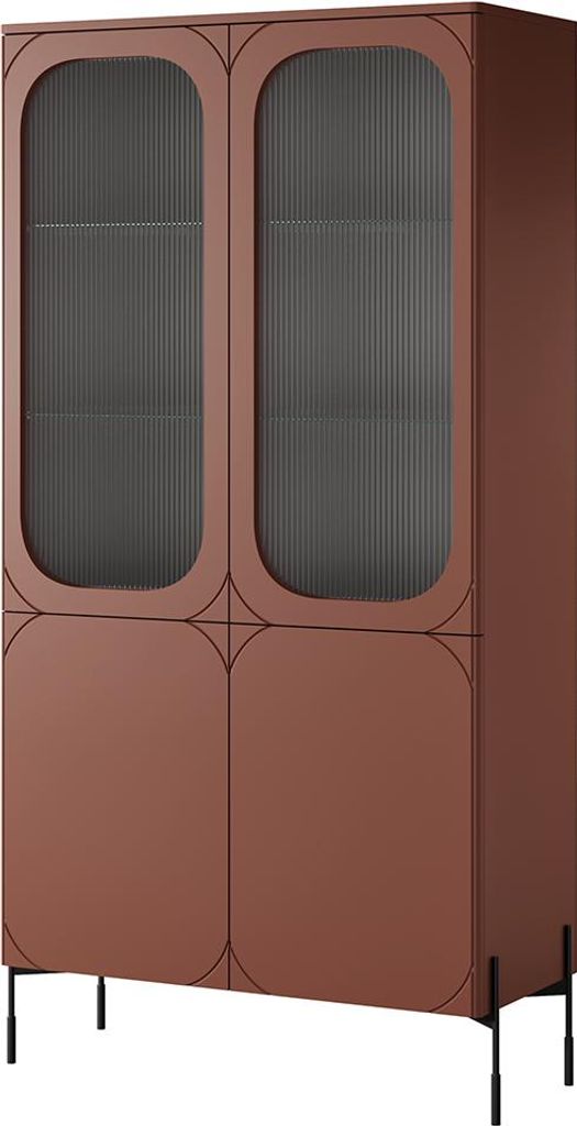 Wohnzimmer-Vitrinenschrank mit 104 cm Breite in rot matt, Ornamentglas Türen, Metallfüße - SPLIT-141
