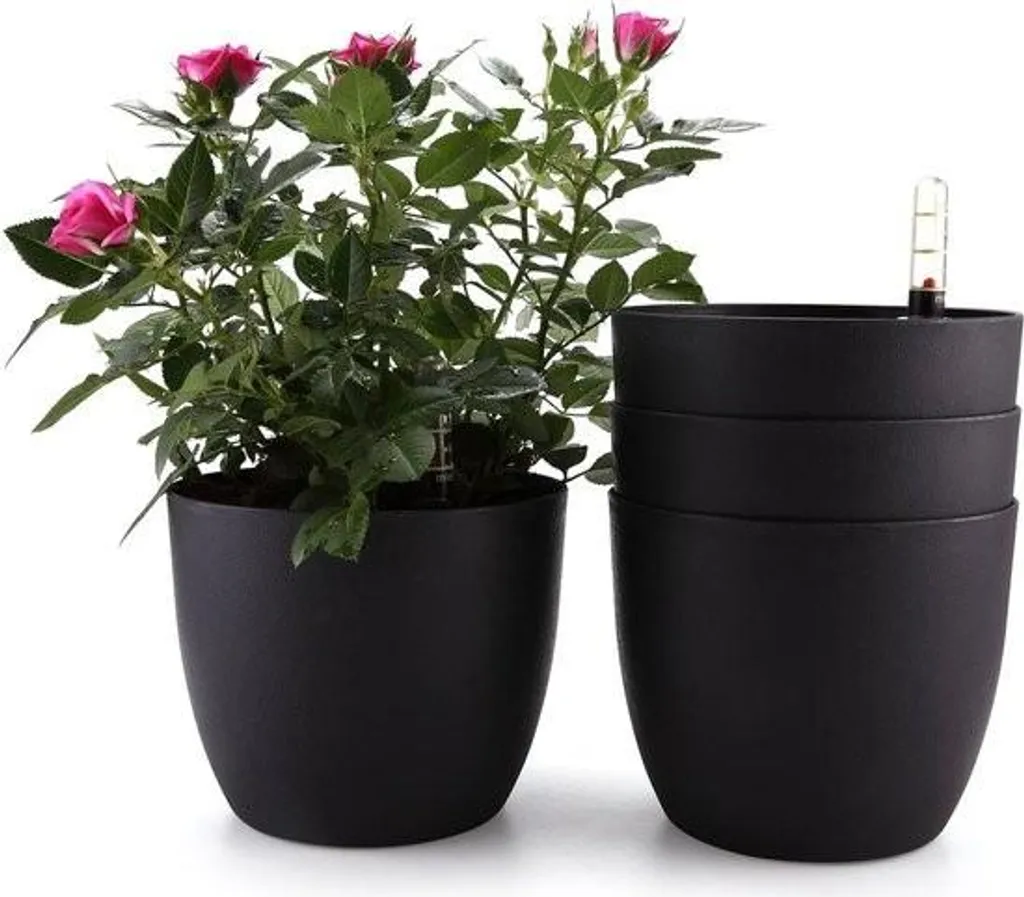 Vaso da Fiori Autoinnaffiante Set 4 Pezzi 15cm Nero | Riserva d'Acqua