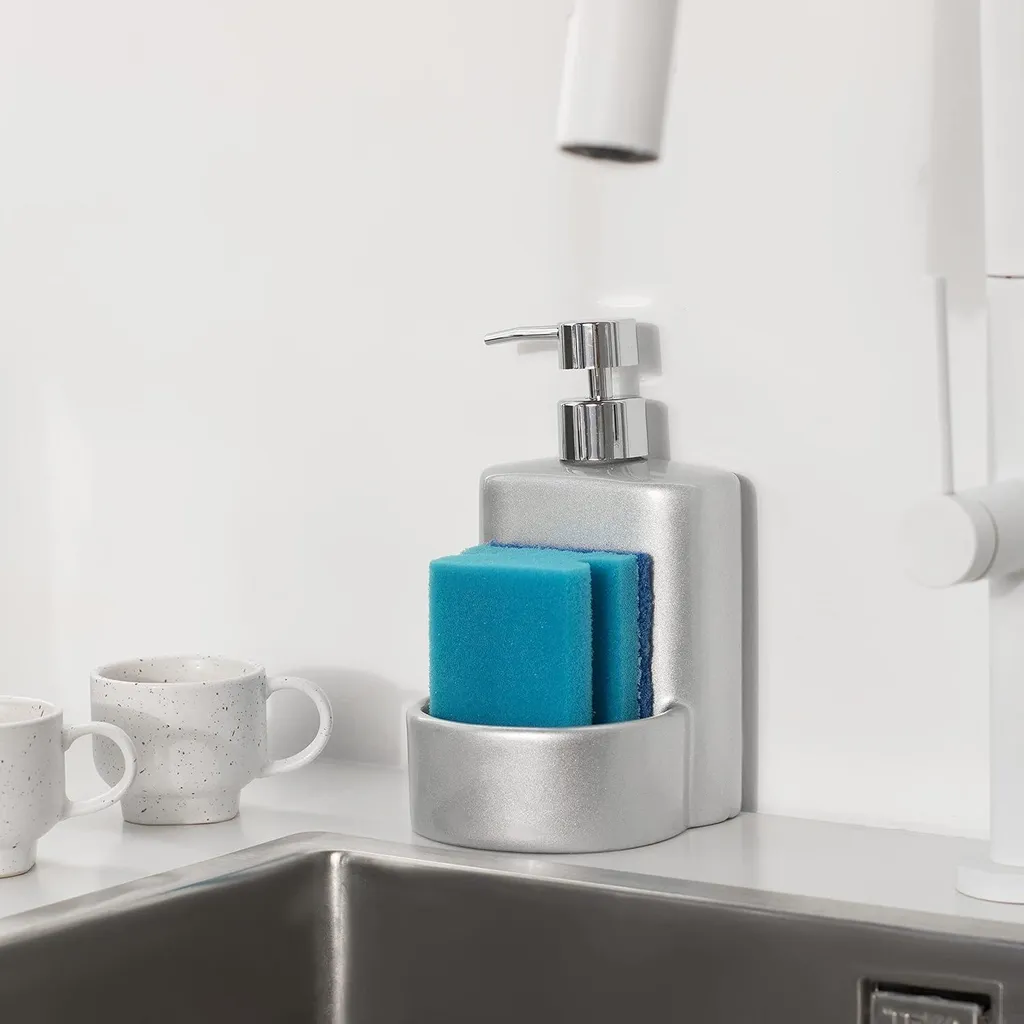 Distributeur de savon en céramique mate gris argenté pour évier