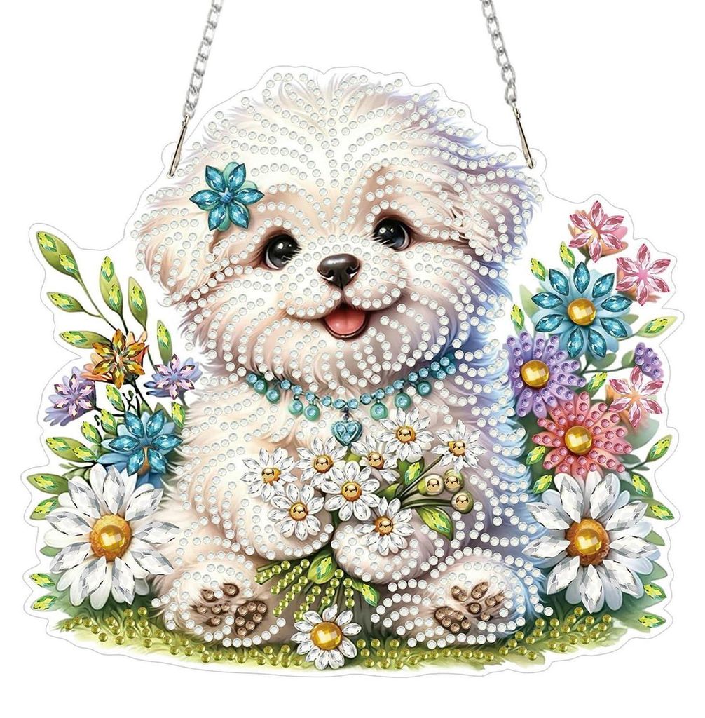 Diamantmalerei Hängendes Ornament Kit Welpe Blumen 5D Produktbild 