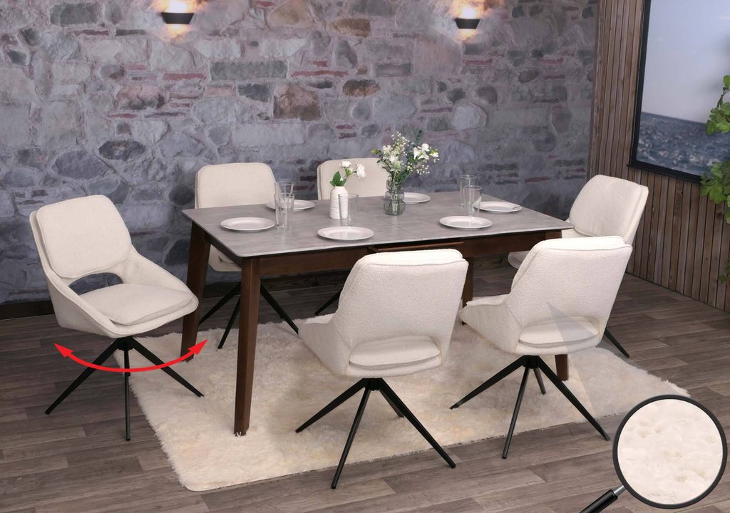 6er-Set Esszimmerstuhl MCW-N73, Küchenstuhl, drehbar Auto-Return, Stoff/Textil Boucle (540g/m²) creme