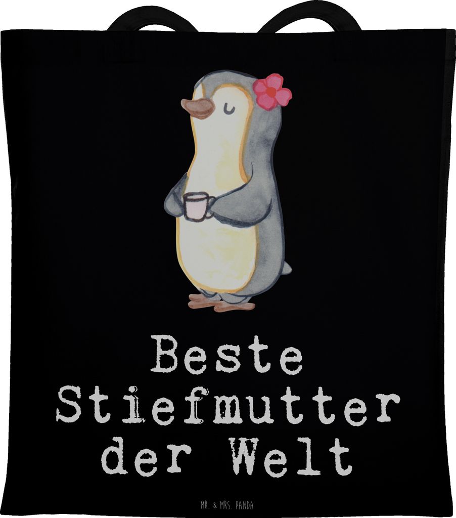 Mr. & Mrs. Panda Tote Bag Pinguin Beste Stiefmutter der Welt - Schwarz - Geschenk, Shopping Tasche, Dankeschön, Uni, Tochter, Schultasche, Danke, ...