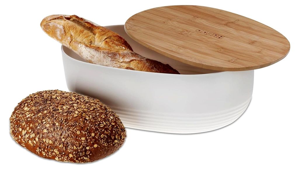 Brotkasten weiß mit Lüftungslöchern im Bambusdeckel 37,5x23x14cm, Brotbox Kunststoff